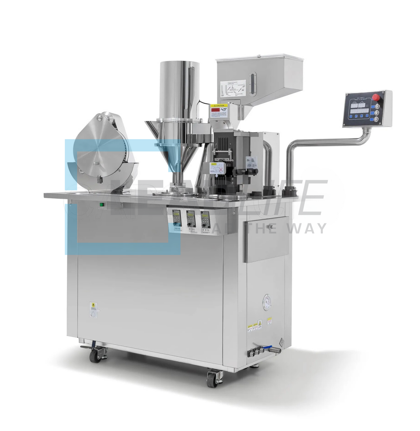 High-performance semi-automatic capsule filling machine with precision dosing, suitable for pharmaceutical and supplement production. Features adjustable filling capacity, stainless steel construction, and user-friendly operation for efficient capsule filling